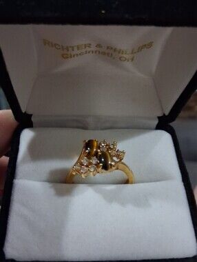 14Kt Gold over .925 Sterling Silver Tiger Eye & CZ Statement Ring Size 7